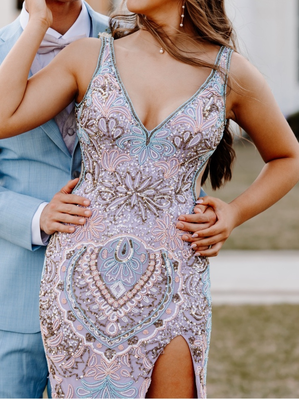 Jovani Lavender Beaded V-Neck Prom Gown with High Slit
